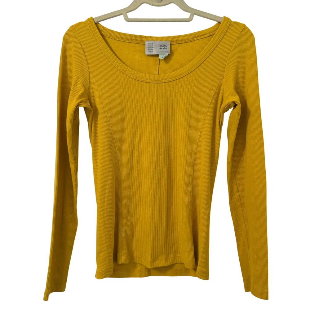 Saturday Sunday by Anthropologie Mustard Yellow Ribbed Scoop Neck Long Sleeve S